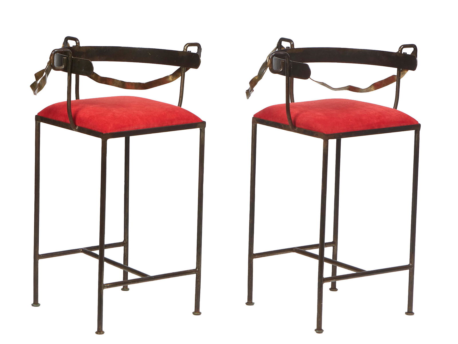 Mario Villa (New Orleans, 1953-2021), pair of wrought iron and brass barstools, 20th c., the curved (1 of 1)