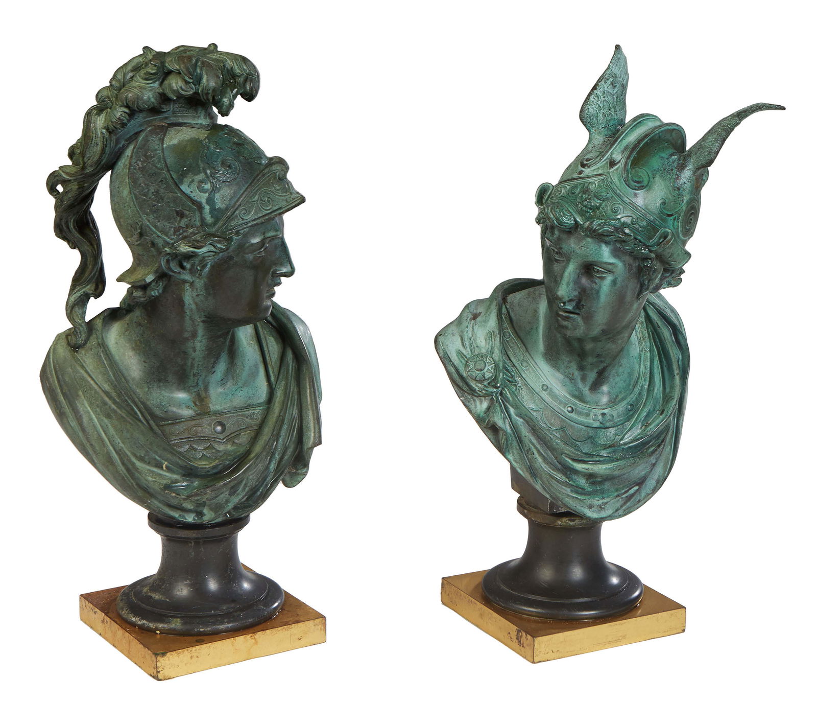 Pair of French Neoclassical Gilt and Patinated Bronze Busts, 19th c., of Mercury and Mars, on socle (1 of 7)