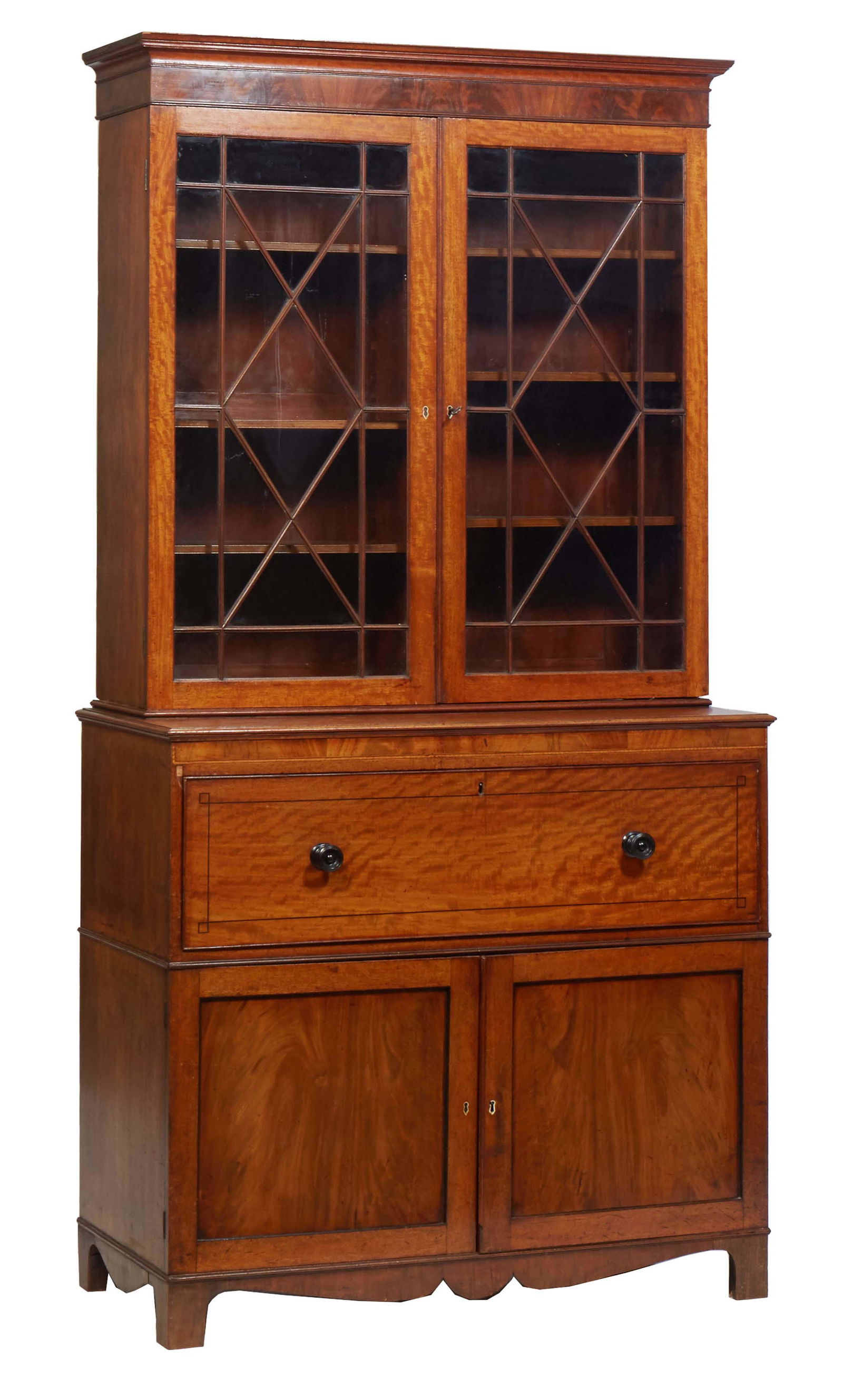 English Inlaid Mahogany Secretary Bookcase, 19th c., the stepped ogee crown over double astragal (1 of 1)