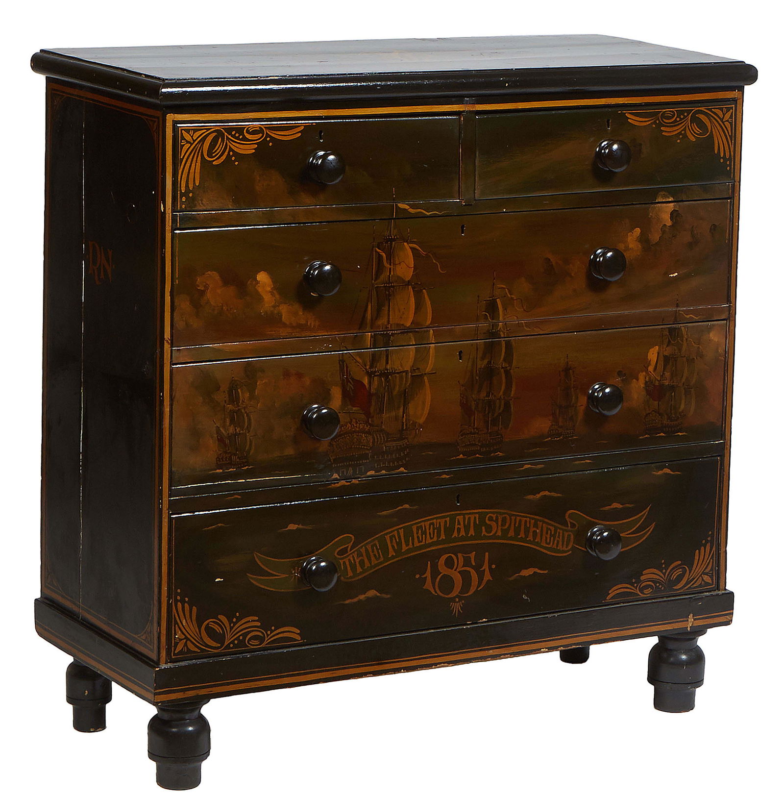 English Painted Pine Chest, 19th c., the rounded edge rectangular top painted "Admiral Sir James (1 of 2)