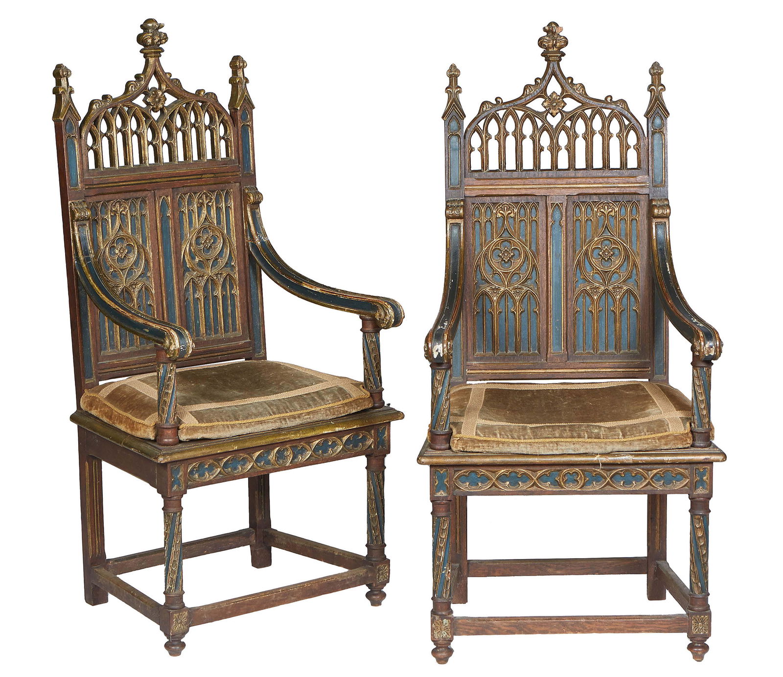 Pair of American Carved and Polychromed Oak Altar Chairs, 19th c., the peaked pierced Gothic arch (1 of 6)