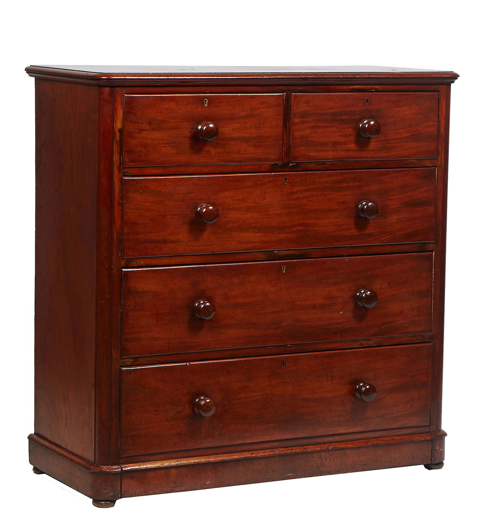 English Carved Mahogany Manor House Chest, 19th c., the rounded edge and corner top over two deep (1 of 2)