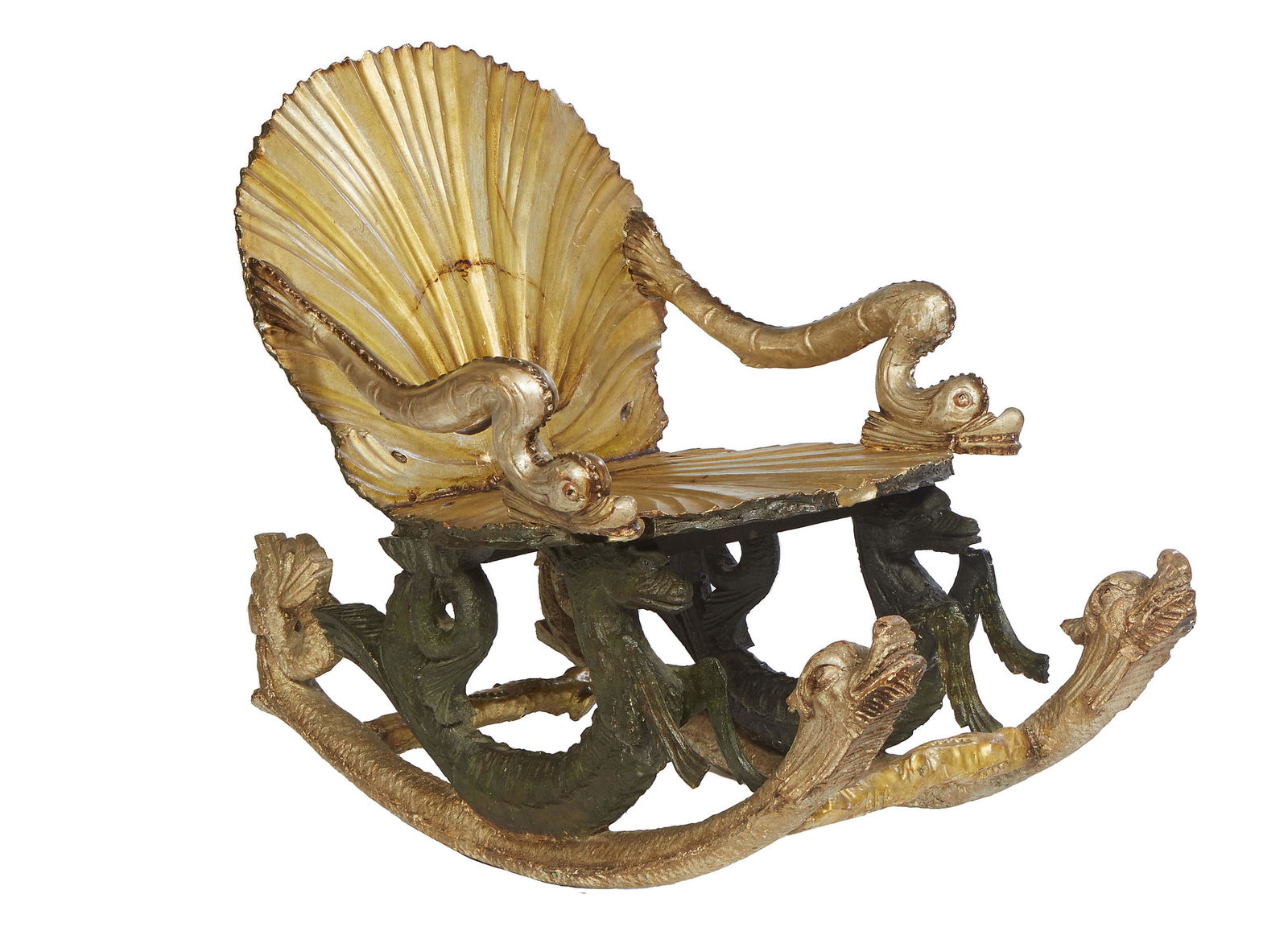 Venetian Sleigh Form Figural Grotto Rocking Chair, 19th c., the seashell carved plank seat and back (1 of 2)