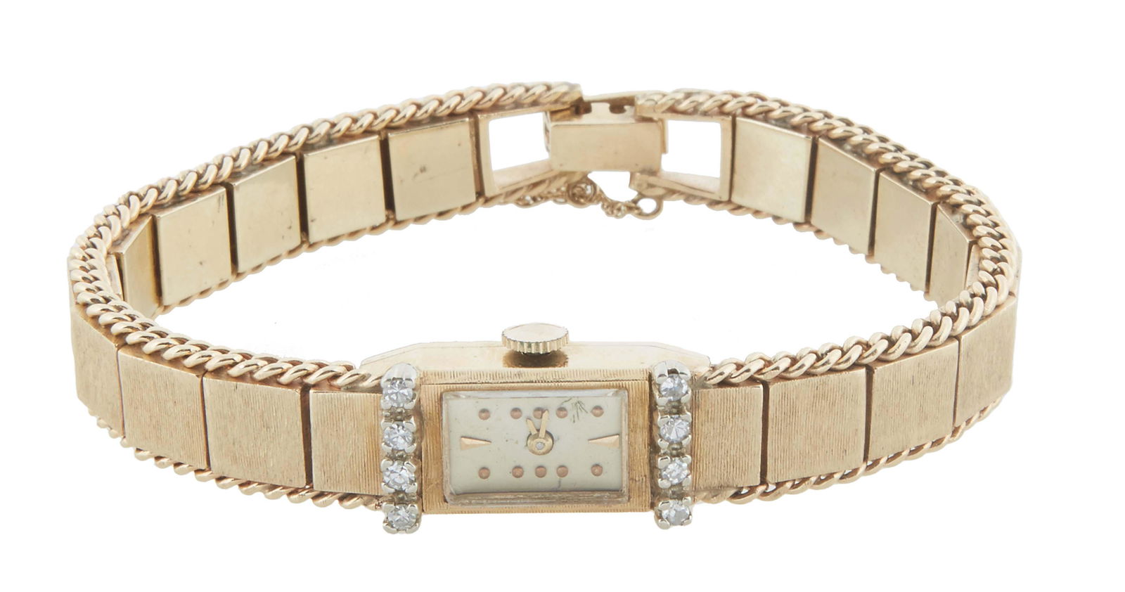 14K Yellow Gold Manual Wind Bracelet Wristwatch, the rectangular face flanked by eight 7 point round (1 of 2)