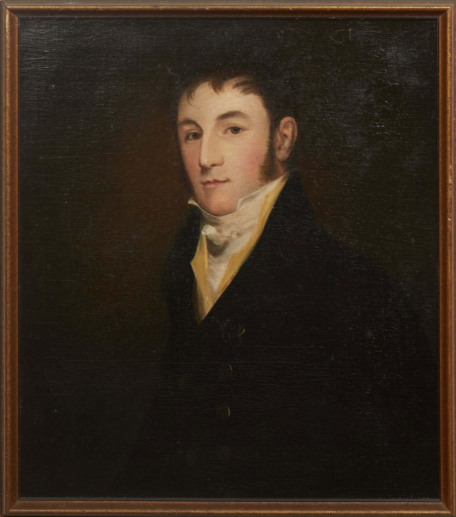 Continental School, "Portrait of a Gentleman," 19th c., oil on canvas, unsigned, presented in a gilt: Continental School, "Portrait of a Gentleman," 19th c., oil on canvas, unsigned, presented in a gilt frame, H.- 27 5/8 in., W.- 23 5/8 in., Framed H.- 29 7/8 in., W.- 26 1/8 in. Provenance: from the E