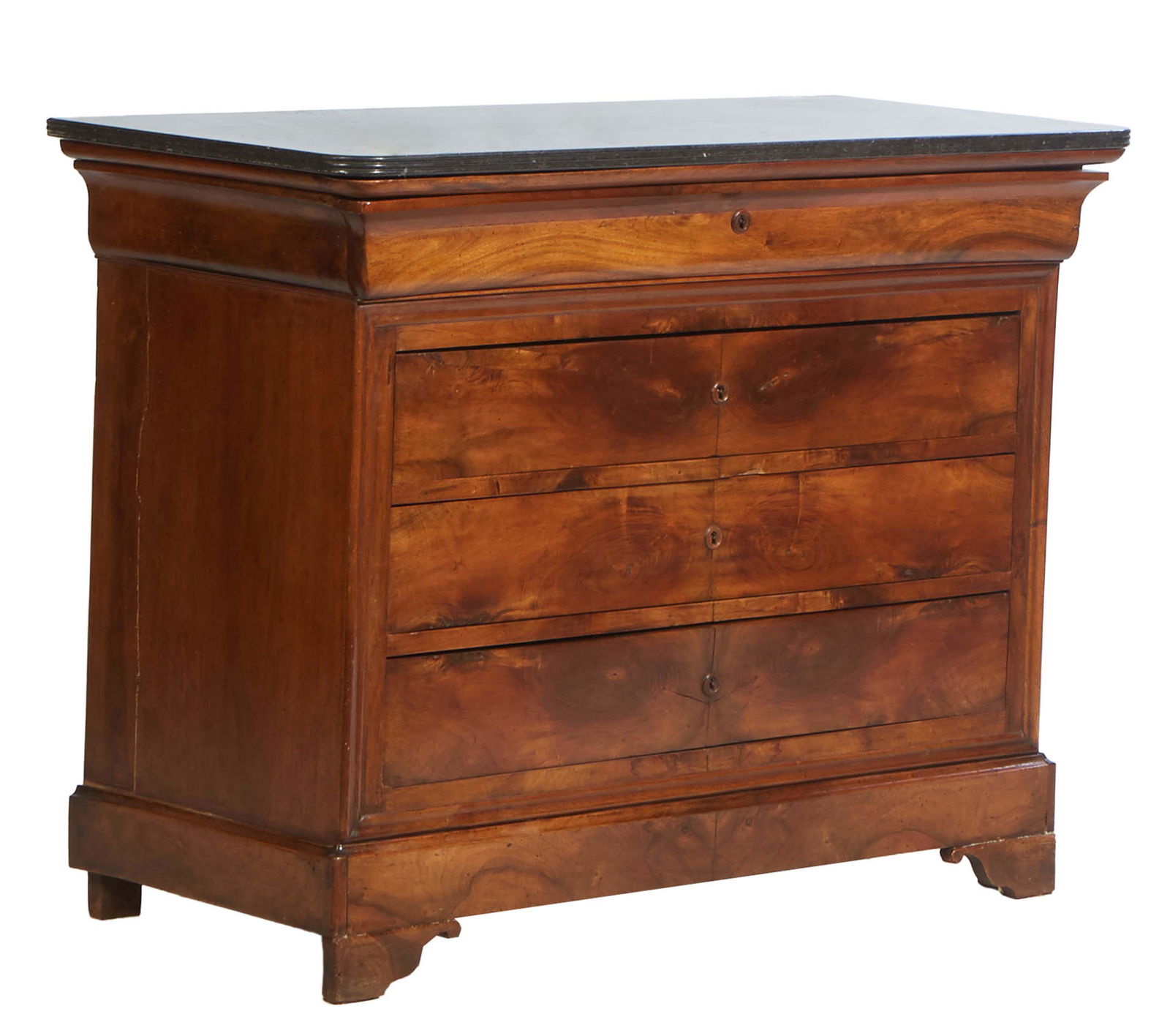 French Louis Philippe Carved Walnut Marble Top Commode, 19th c., the rounded corner reeded edge (1 of 1)