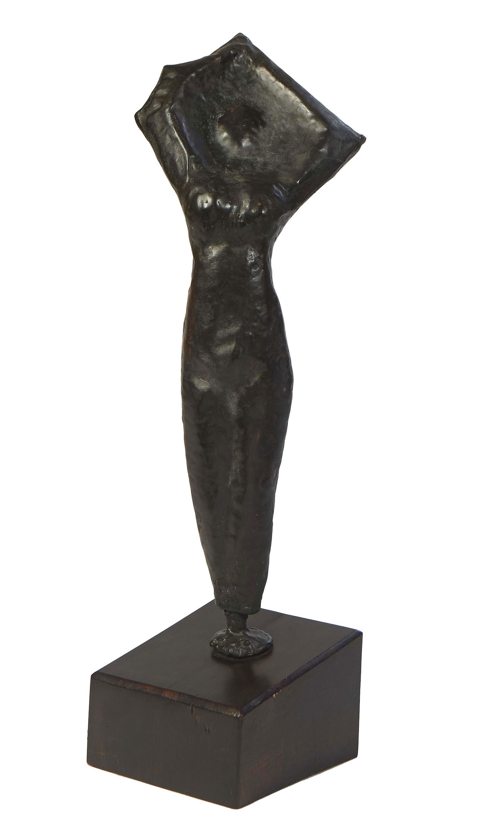 Emerson Bell (Louisiana, 1931-2006), "Female Figure with Raised Arms," patinated copper, mounted on (1 of 2)