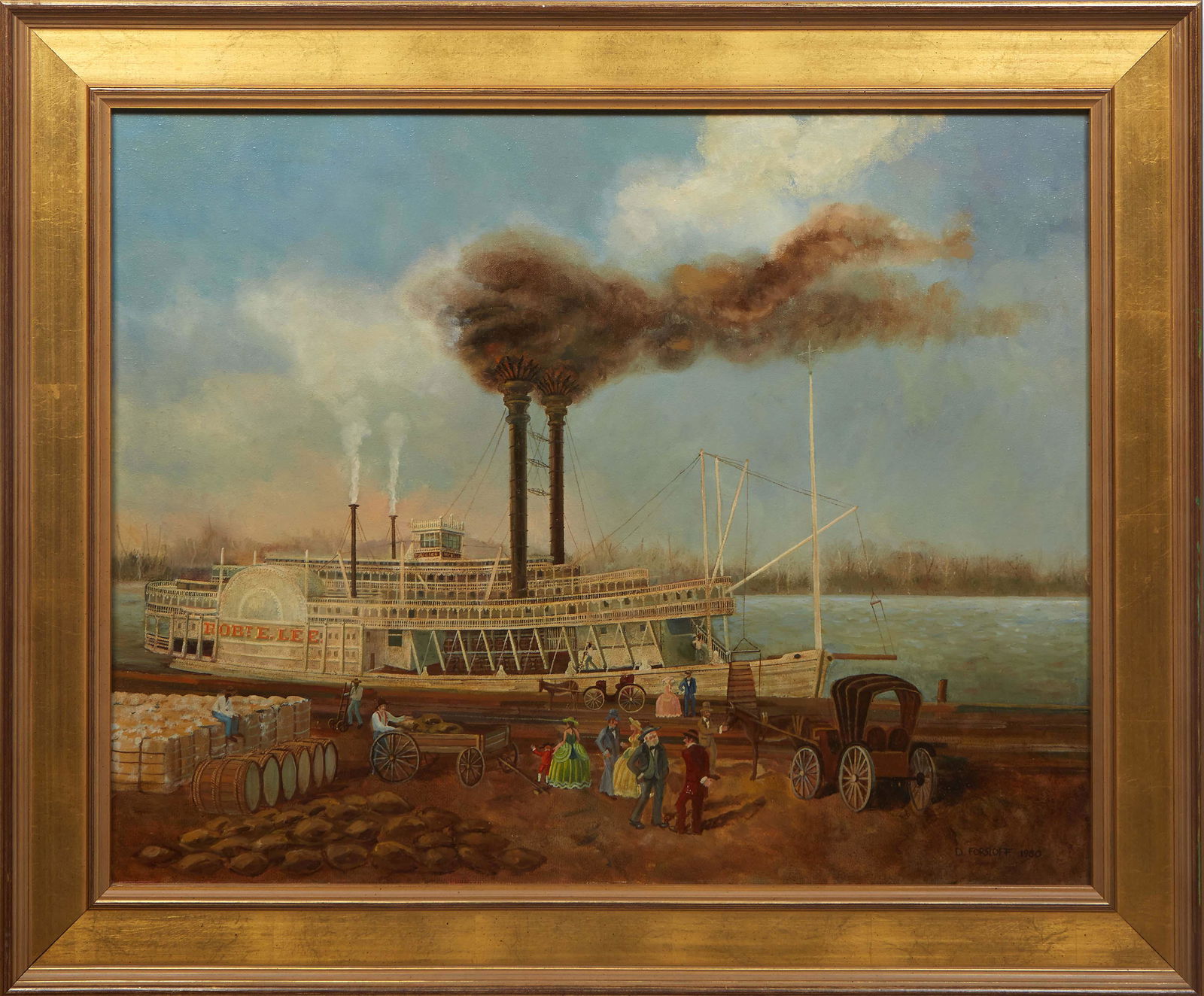 D. Forsloff, "Robert E. Lee Steam Boat on the Mississippi River," 1980, oil on canvas, signed and: D. Forsloff, "Robert E. Lee Steam Boat on the Mississippi River," 1980, oil on canvas, signed and dated lower right, presented in a gilt frame, H.- 23 1/2 in., W.- 29 1/2 in., Framed H.- 29 3/4 in., W