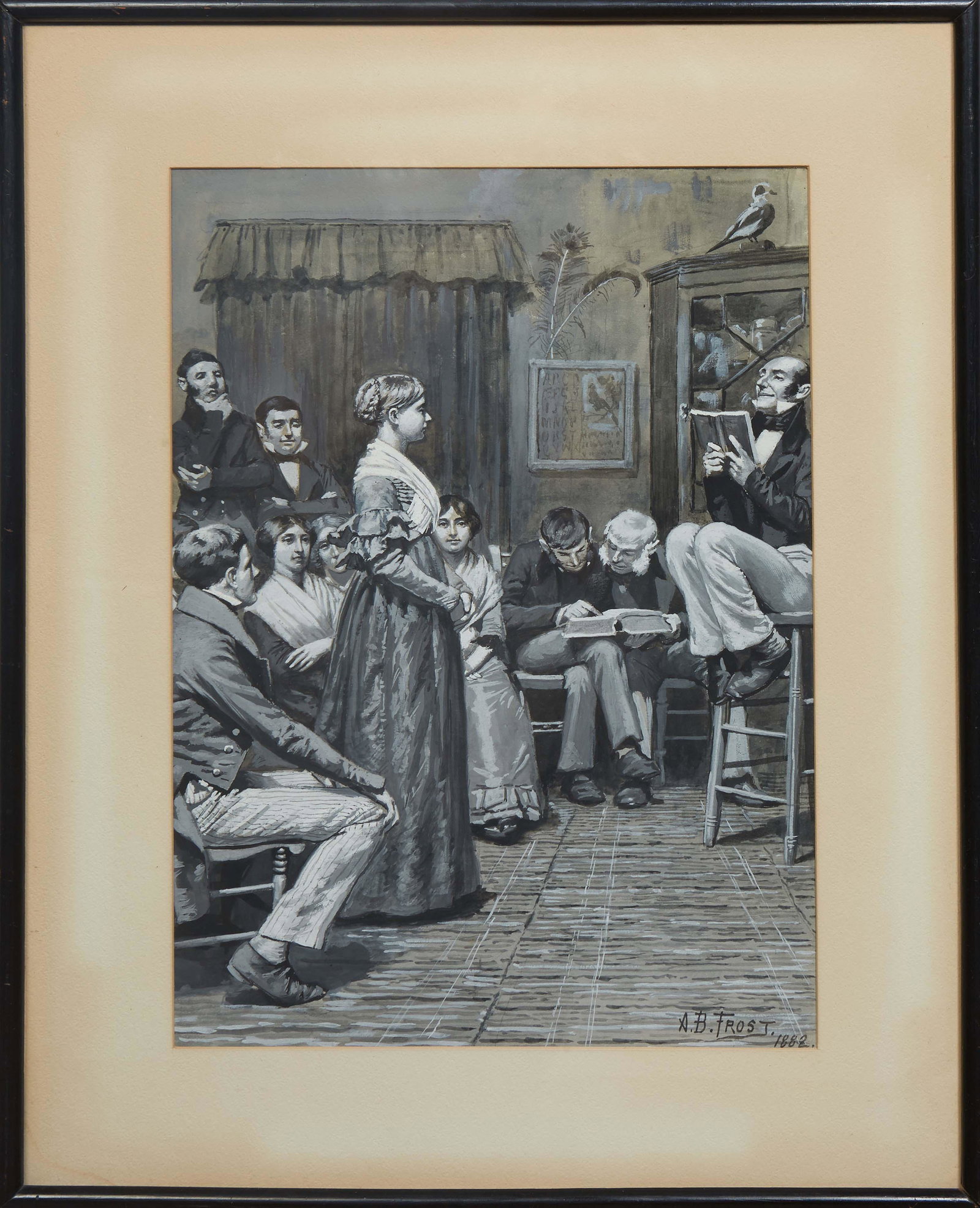 Arthur B. Frost (Pennsylvania/California, 1851-1928), "A Public Reading," 1882, gouache and ink on: Arthur B. Frost (Pennsylvania/California, 1851-1928), "A Public Reading," 1882, gouache and ink on paper, signed and dated lower right, with a copy of artist bio from "A Short History of Painting in A