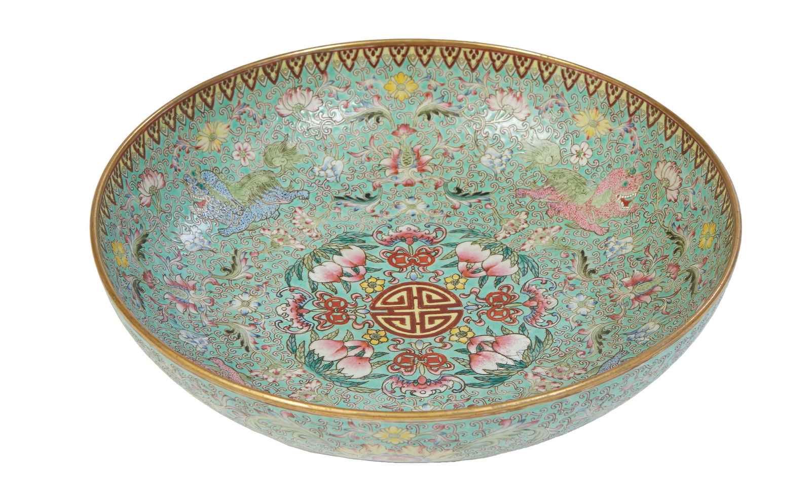 Chinese Famille Rose Footed Porcelain Green Serving Bowl, 19th c., with a gilt rim over a gilt (1 of 2)