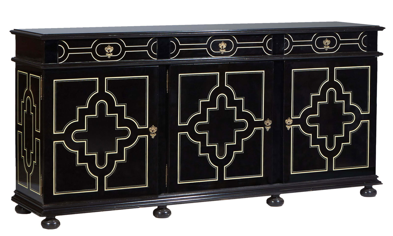 French Ebonized Beech Sideboard, 20th c., the stepped top over three frieze drawers above three (1 of 1)