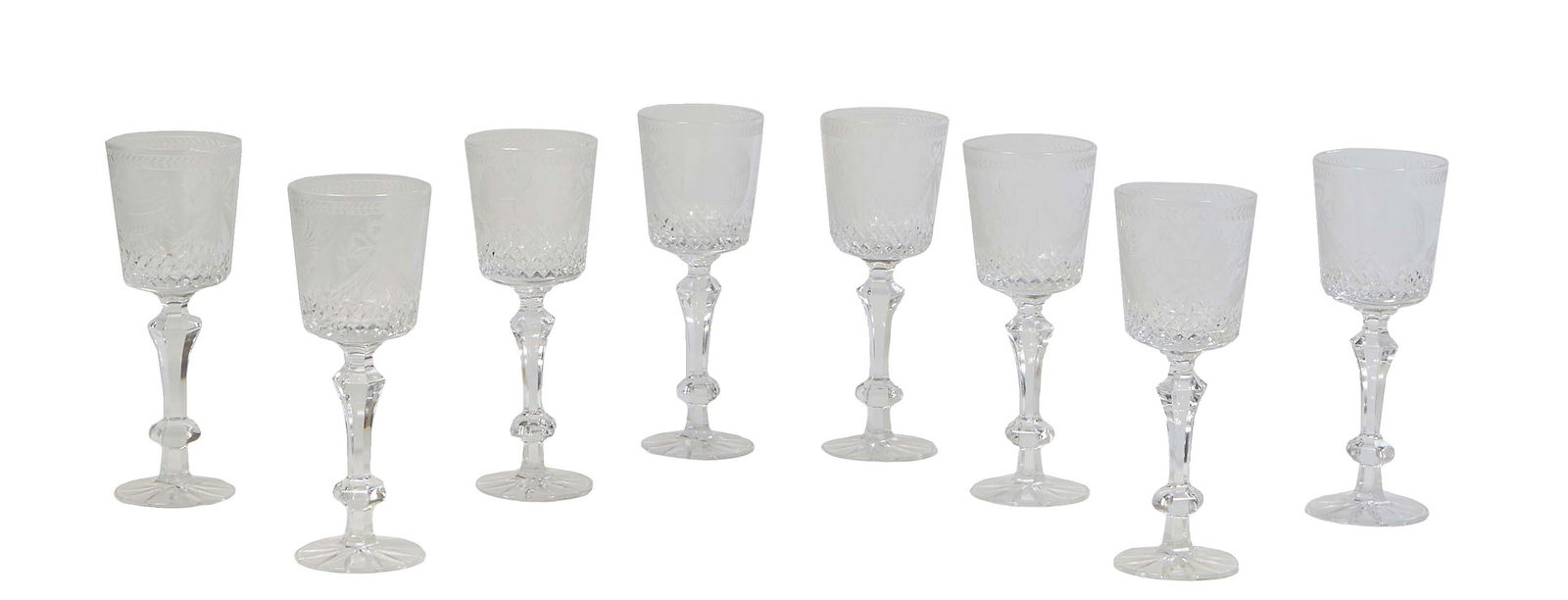 Eight Piece Set of Faberge Russian Imperial Etched Crystal Double Eagle Stemmed Red Wines, 20th c., (1 of 1)