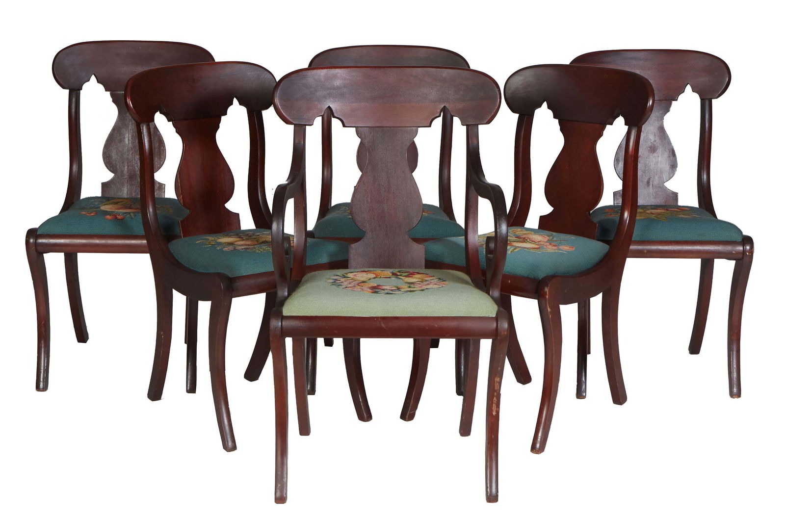 Set of Six (5+1) American Classical Carved Mahogany Dining Chairs, 19th c., the rounded curved (1 of 1)