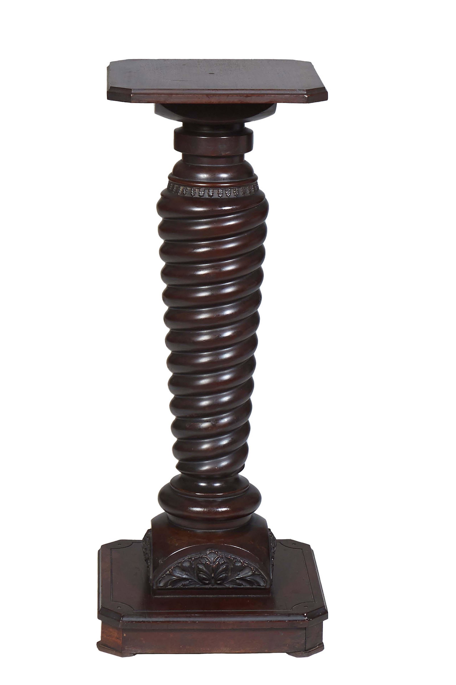 American Carved Mahogany Pedestal, early 20th c., the ogee edge octagonal top on a large tapered: American Carved Mahogany Pedestal, early 20th c., the ogee edge octagonal top on a large tapered ring turned support, to a curved base, on a stepped octagonal plinth, H.- 37 3/8 in., W.- 15 in., D.- 1