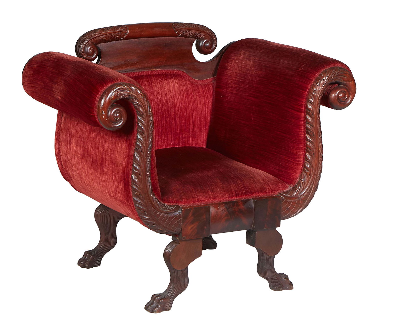 American Classical Carved Mahogany Armchair, 19th c., the arched scrolled crest rail over a (1 of 1)