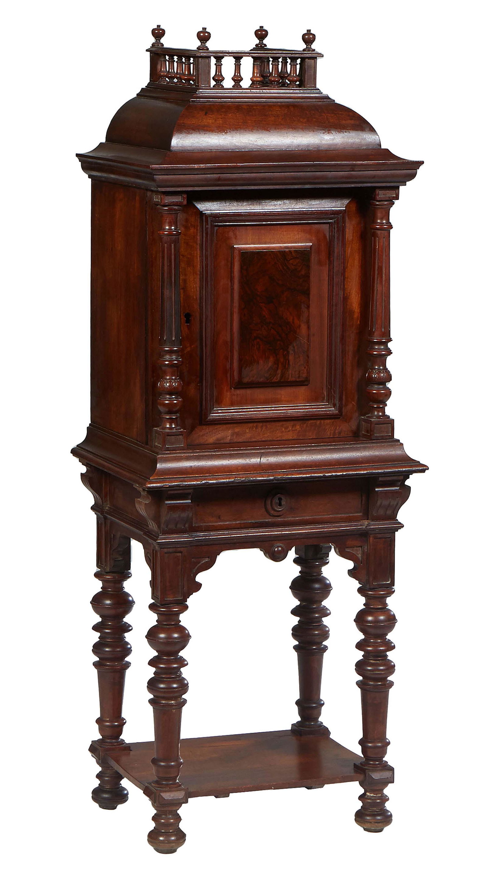 Continental Carved Walnut Gothic Cabinet on Stand, 19th c., the three-quartered spindled gallery (1 of 1)