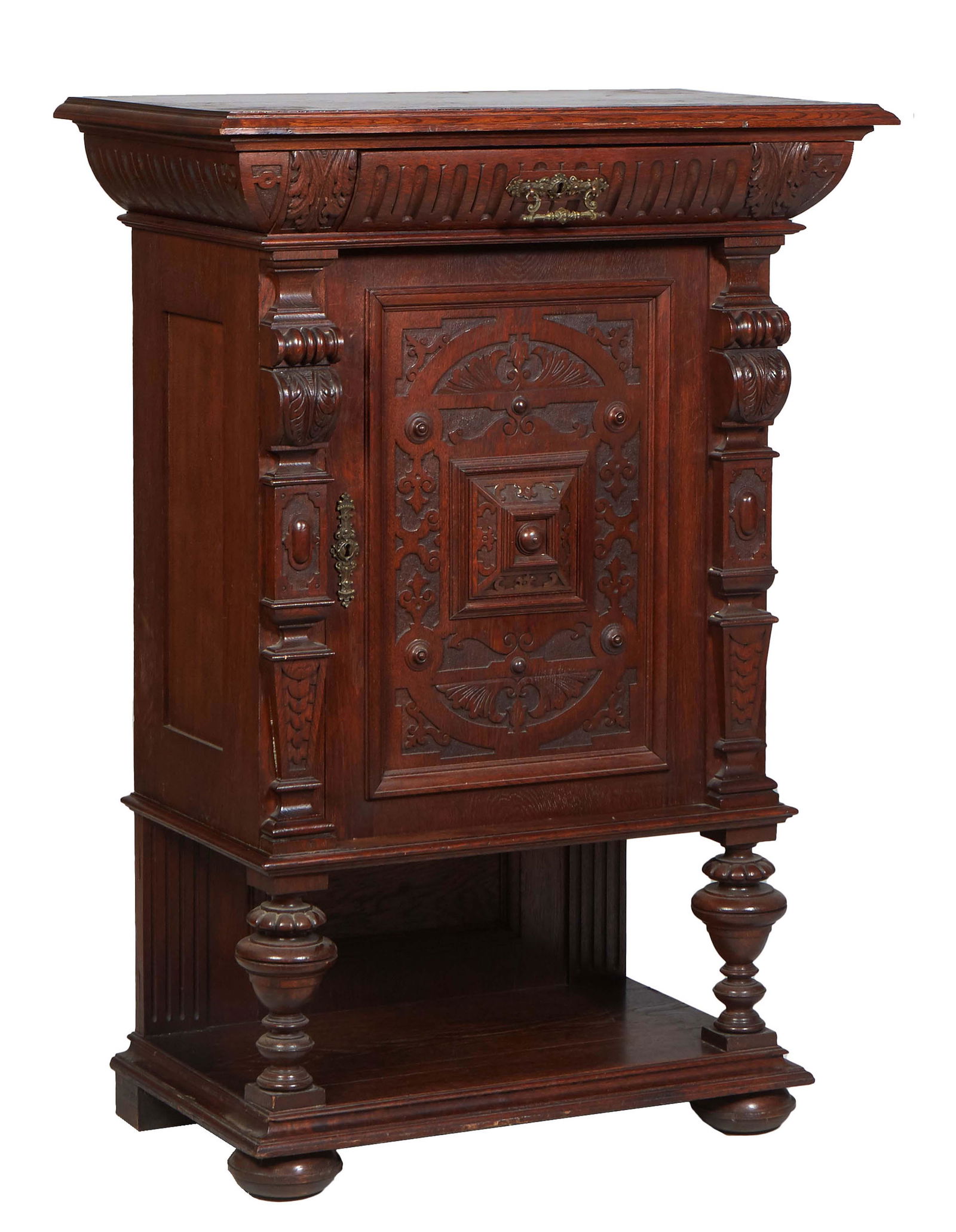 Continental Carved Oak Renaissance Style Cabinet, 19th c., the stepped top over a convex frieze (1 of 1)