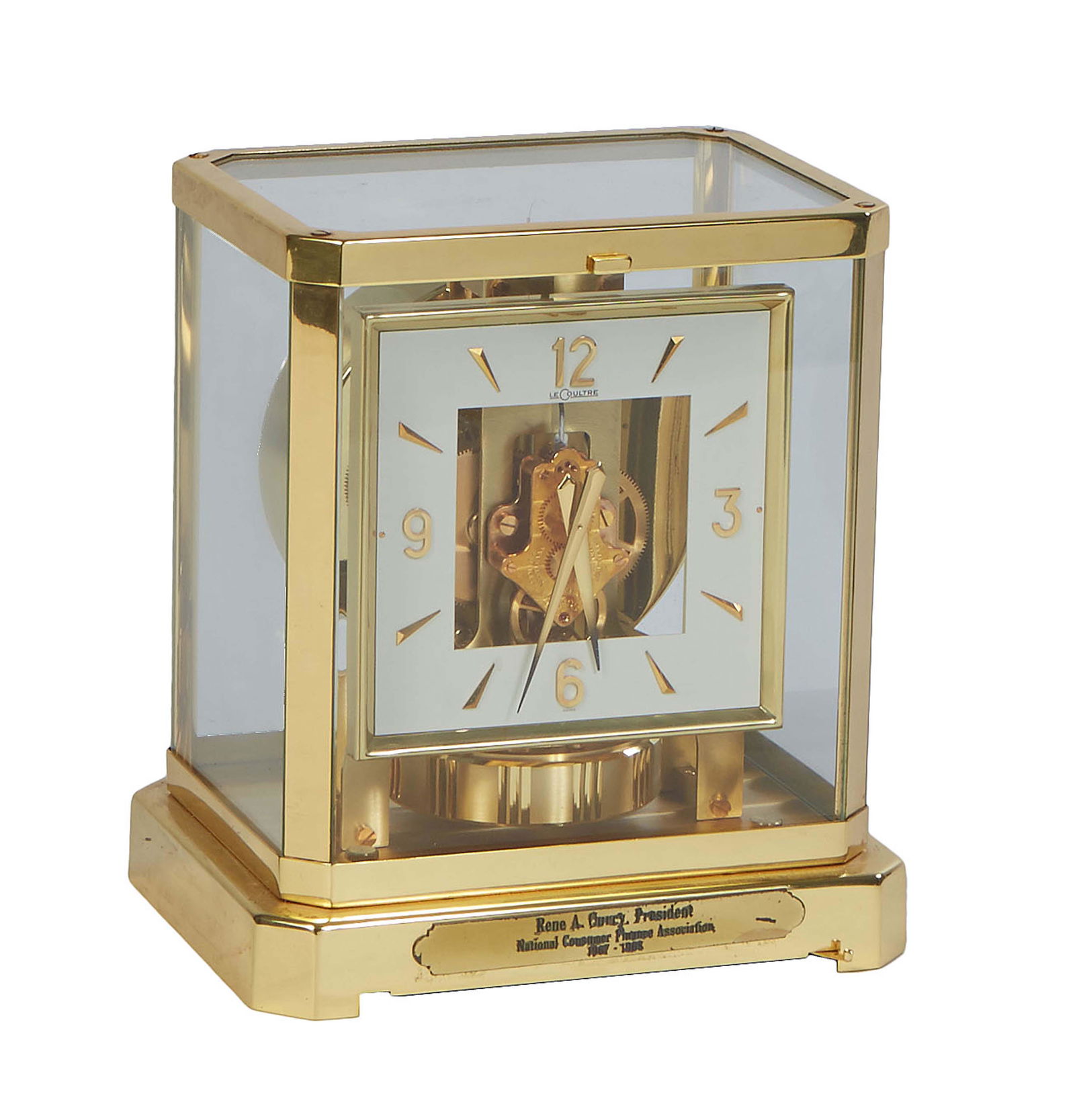 Jaeger LeCoultre Atmos Brass and Glass Mantle Clock, Serial # 257009, 1960-1980, the base with a (1 of 2)