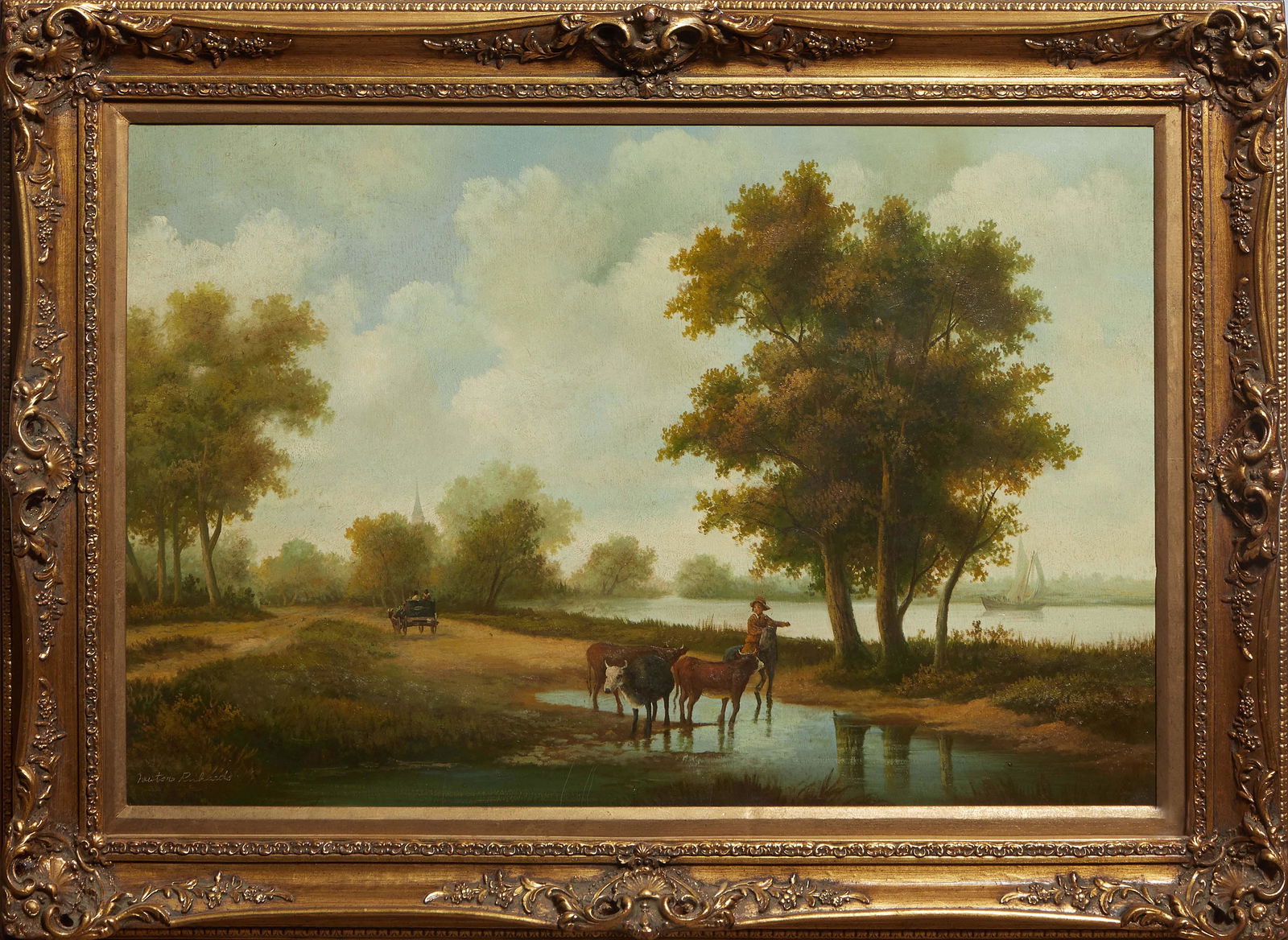 Newton Richards (New Hampshire, 1805-1874), "Cattle Herder," early 20th c., oil on canvas, signed (1 of 5)