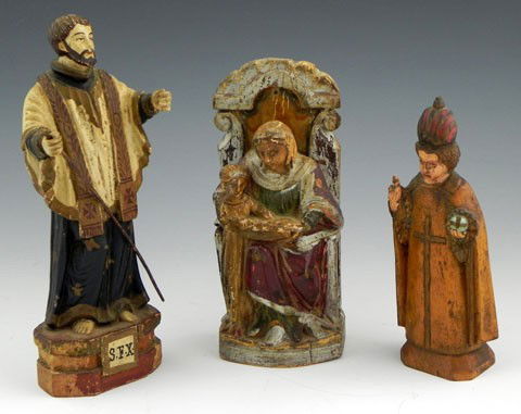 Three Carved Polychromed Wood Religious Figures, co: Three Carved Polychromed Wood Religious Figures, consisting of St. Francis Xavier, 19th c., a mahogany figure of a Pope, 19th c., and a figure of a mother and child, signed indistinctly and dated 1927