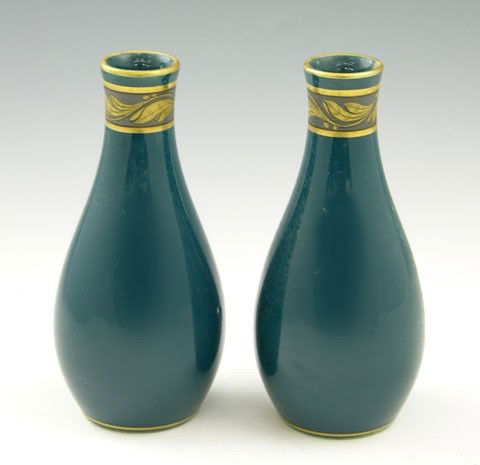Pair of Deep Blue Bottle Form Porcelain Vases, c. 1: Pair of Deep Blue Bottle Form Porcelain Vases, c. 1900, the necks with gilt floral banding, the underside impressed "JP," H.- 5 3/4 in., Dia.- 2 1/2 in.