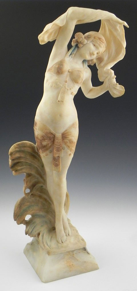 P. Del Luongo, "Harem Dancer, c. 1920, alabaster fi: P. Del Luongo, "Harem Dancer, c. 1920, alabaster figure, traces of original polychromy, signed verso, H.- 24 1/4 in., W.- 11 in., D.- 5 in.