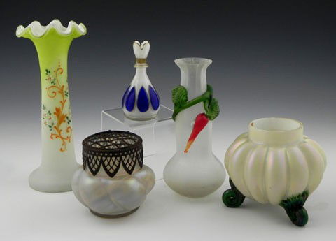 Five-Piece Collection of Glass , 19th c., comprise: Five-Piece Collection of Glass , 19th c., comprised of a Bohemian royal blue-over-white cut glass scent bottle; a Bohemian iridized opal glass ribbed vase on green scroll feet; a Thomas Webb and Sons