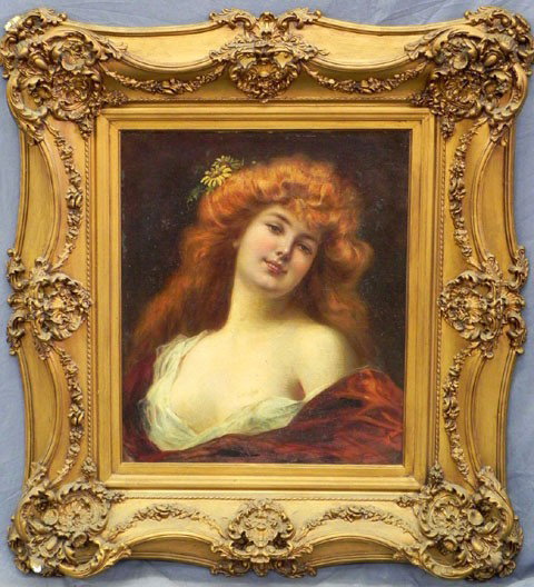 Continental School, "Beauty With a Flower in Her H: Continental School, "Beauty With a Flower in Her Hair," late 19th c., oil on canvas, presented in the original elaborate gilt and gesso frame, H.- 21 3/4 in., W.- 18 1/4 in.