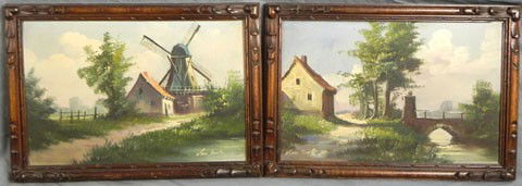 Van Noel, "Windmill by the Road,' and "The Old Bri: Van Noel, "Windmill by the Road,' and "The Old Bridge," early 20th c., pair of oils on panel, signed, framed, H.- 8 in., W.- 11 3/4 in.