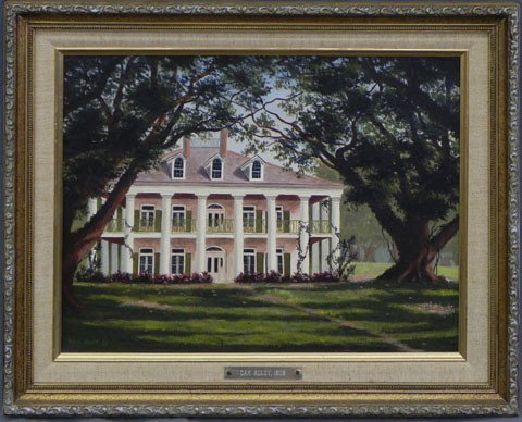 Nell Buckley, "Oak Alley, 1839," 20th c., oil on c: Nell Buckley, "Oak Alley, 1839," 20th c., oil on canvas, signed l.l., framed, H.- 12 in., W.- 16 in.