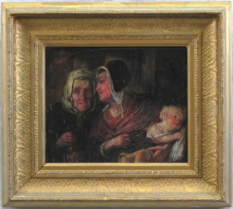 Continental School, "The Gossips," 19th c., oil on: Continental School, "The Gossips," 19th c., oil on canvas, laid to panel, presented in a gilt and gesso frame, H.- 5 3/4 in., W.- 7 1/8 in.