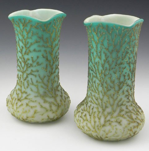 Pair of Victorian Coralene Circular Art Glass Vase: Pair of Victorian Coralene Circular Art Glass Vases, 19th c., with square necks and flared rims, H.- 8 3/8 in., Dia.- 5 in.