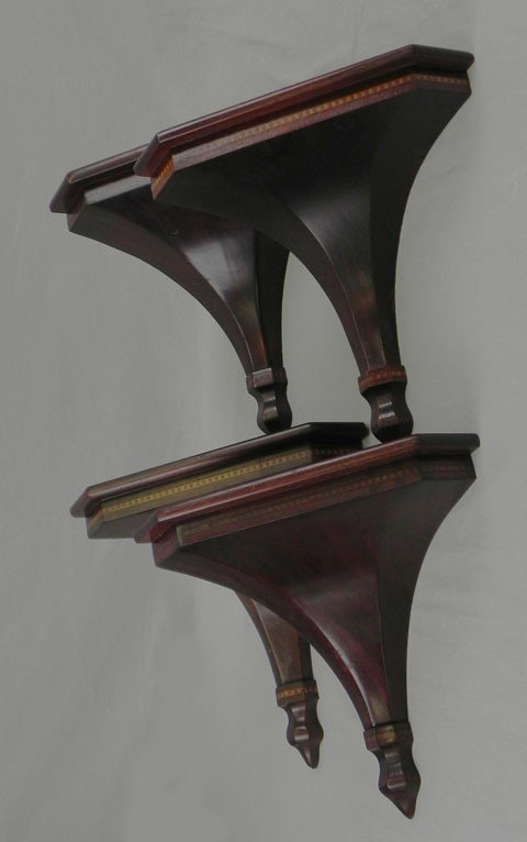 Set of Four Edwardian Inlaid and Carved Mahogany : Set of Four Edwardian Inlaid and Carved Mahogany Corner Brackets, c. 1910, of tapered triangular form, H.- 12 in., W.- 12 1/2 in., D.- 7 7/8 in.