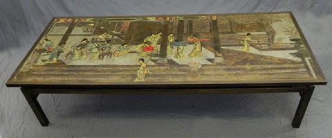 Phillippe and Kelven LaVerne, Oriental Motif Polyc: Phillippe and Kelven LaVerne, Oriental Motif Polychromed Bronze Over Wood Coffee Table, c. 1970, signed lower left center, on a bronze base with square legs, H.- 17 1/2 in., W.- 70 in., D.- 30 in.
