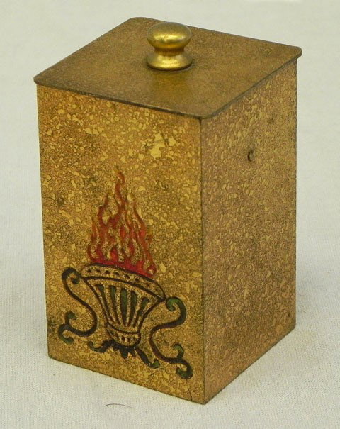 Tiffany Polychromed and Dore Bronze Cigarette Hold: Tiffany Polychromed and Dore Bronze Cigarette Holder, # 1819, the lid lifting to a compartmented cigarette tray, two sides with incised decoration of flame filled urns, marked "Tiffany Studios, New Yo