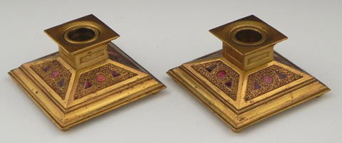 Pair of Louis C. Tiffany Furnaces Bronze Dore Cand: Pair of Louis C. Tiffany Furnaces Bronze Dore Candle Sticks, #38, c. 1920, in the "Twisted Rope" pattern, with enameled decoration , marked with the logo and "Louis C. Tiffany Furnaces, Inc., 38," H.-