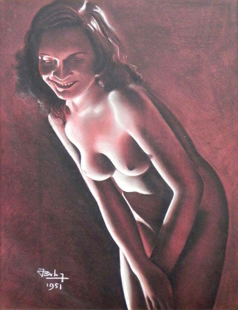 French School, "Smiling Nude," 1951, pastel, signe: French School, "Smiling Nude," 1951, pastel, signed indistinctly l.l., framed, H.- 25 in., W.- 19 in.