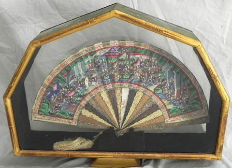 Unusual Chinese Hand Fan, 19th c., the spines made: Unusual Chinese Hand Fan, 19th c., the spines made of filigree metal, wood, ivory, tortoise shell and mother-of-pearl, both sides with large figural scenes, the mother-of-pearl center spine with a ros