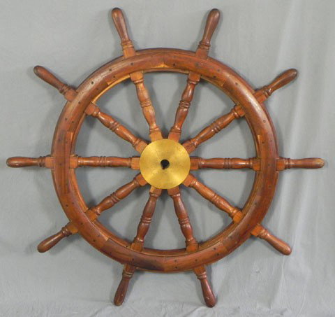Large Carved Mahogany and Bronze Ship's Wheel, 20: Large Carved Mahogany and Bronze Ship's Wheel, 20th c., H.- 3 in., Dia.- 48 1/4 in.