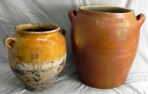 Large French Provincial Glazed Earthenware Storag: Large French Provincial Glazed Earthenware Storage Jar, 20th c., with applied ring handles, H.- 17 1/2 in., W.- 17 1/2 in., D.- 15 1/2 in.