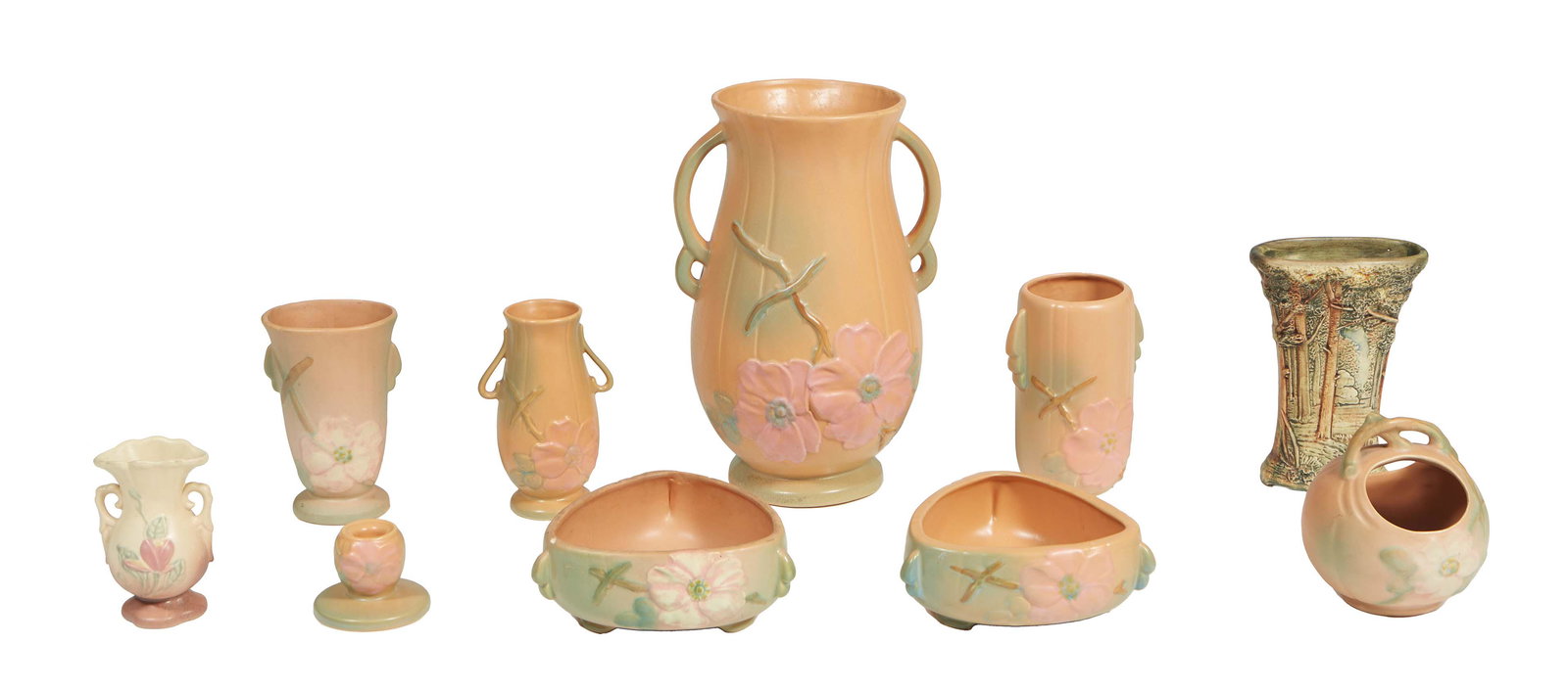 Group of Ten Pieces of Weller Pottery, consisting of a cylindrical basket, two triangular low bowls, (1 of 3)