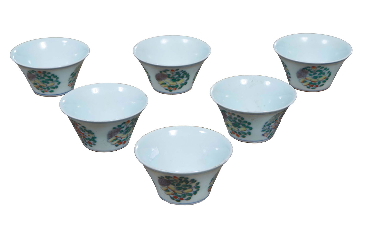 Set of Six Chinese Doucai Porcelain Tea Cups, 20th c., with exterior floral decoration, the (1 of 2)