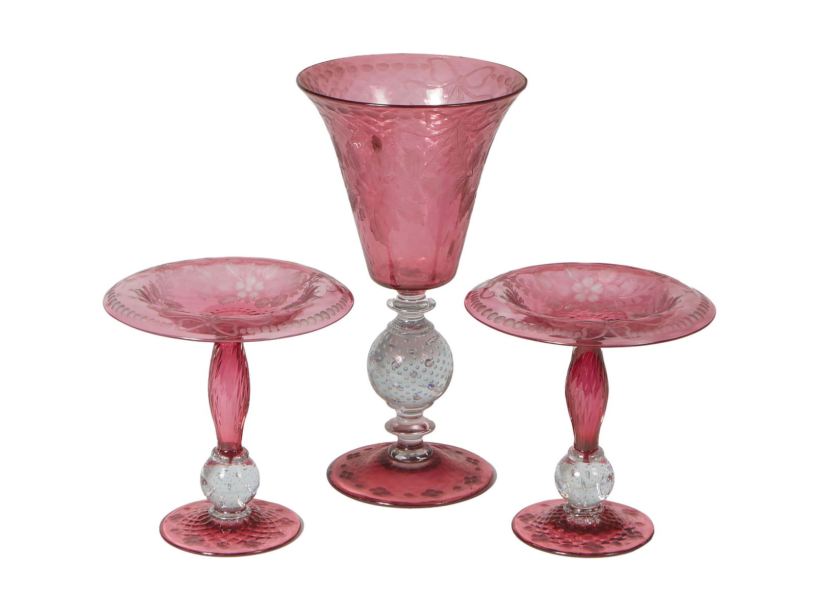 Three Piece Blown Etched Pink Glass Garniture Set, early 20th c., consisting of a trumpet vase and a (1 of 1)