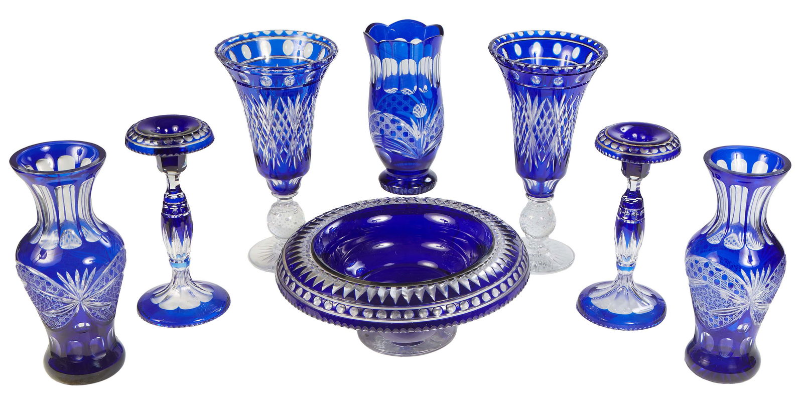 Group of Eight Pieces Cobalt Cut-to-Clear Glass, 20th c., consisting of a pair of candlesticks; a (1 of 1)