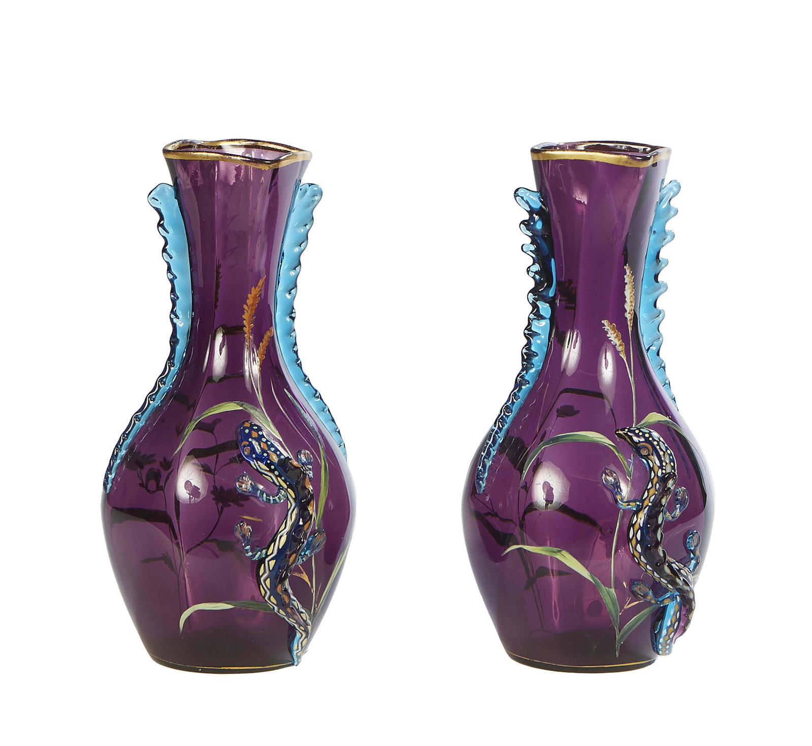 Pair of Deep Violet Glass Vases, 20th c., with applied blue rick-rack decoration and painted floral: Pair of Deep Violet Glass Vases, 20th c., with applied blue rick-rack decoration and painted floral and salamander decoration, the square neck over a baluster body, H.- 11 3/8 in., W.- 5 1/2 in., D.- 