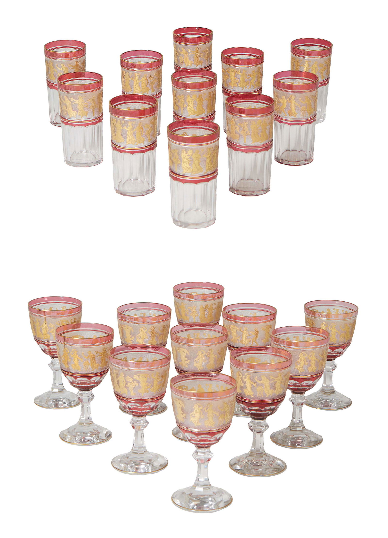 Set of Twenty-Two Cranberry Banded Crystal Glasses, by Val St. Lambert, decorated with classical (1 of 3)