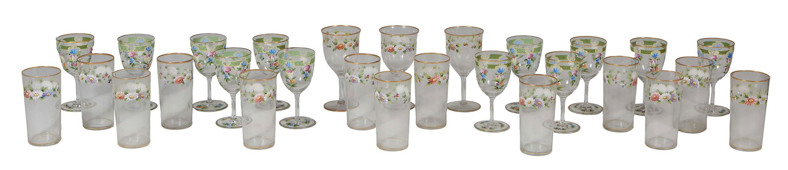 Twenty-Eight Piece Set of Hand Painted Glassware, 20th c, consisting of 12 white wines, 3 red wines, (1 of 1)