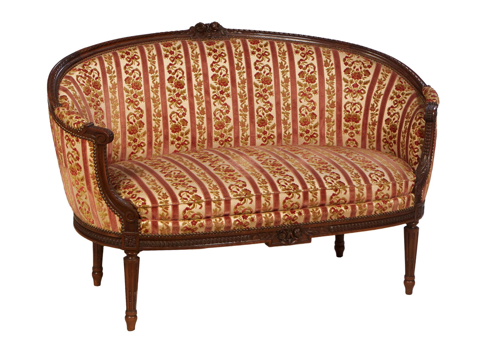 French Louis XVI Style Carved Beech Settee, 20th c., the floral carved arched upholstered back to (1 of 1)