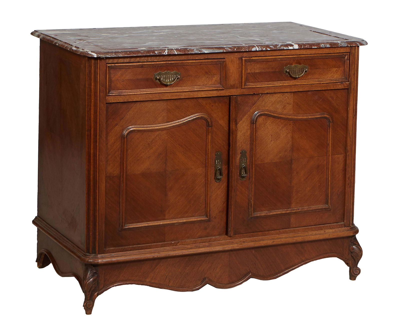 Diminutive French Louis XV Style Carved Walnut Marble Top Sideboard, late 19th c., the stepped (1 of 1)