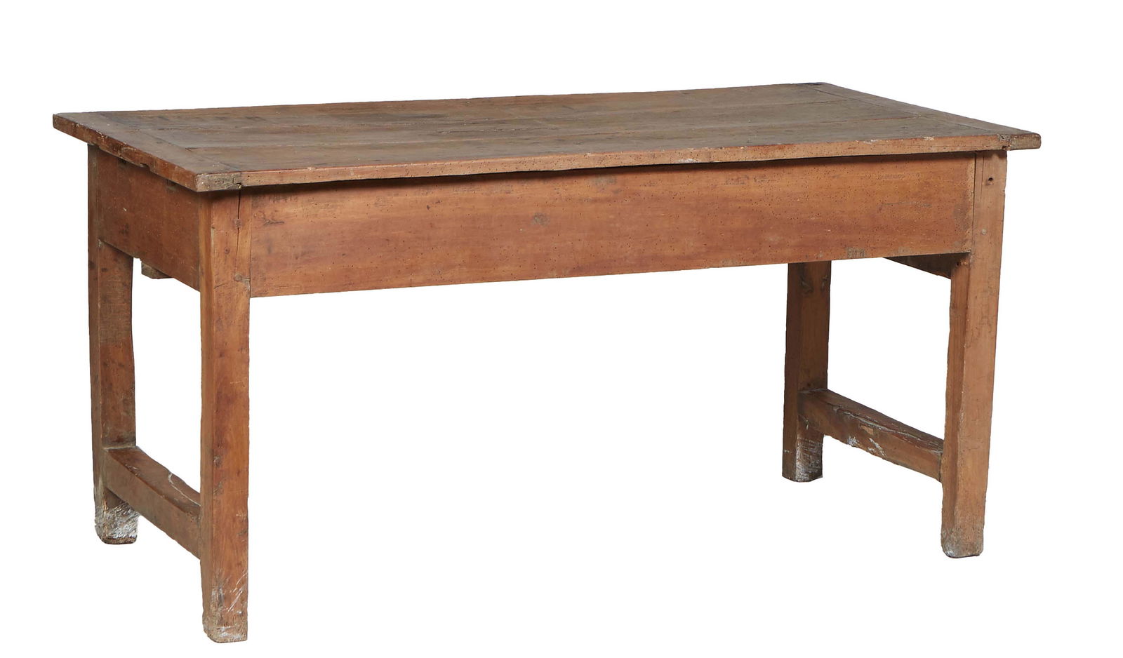 French Carved Walnut Farmhouse Table, 19th c., the three board top over a deep skirt, with space for (1 of 6)